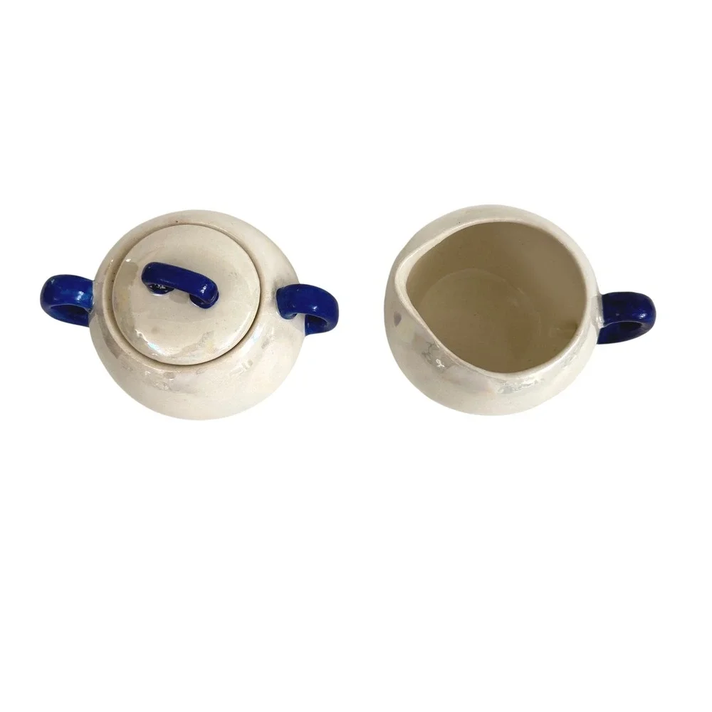 Vintage Czechoslovakia Lusterware Sugar Bowl Creamer Set Cobalt Blue Handles
